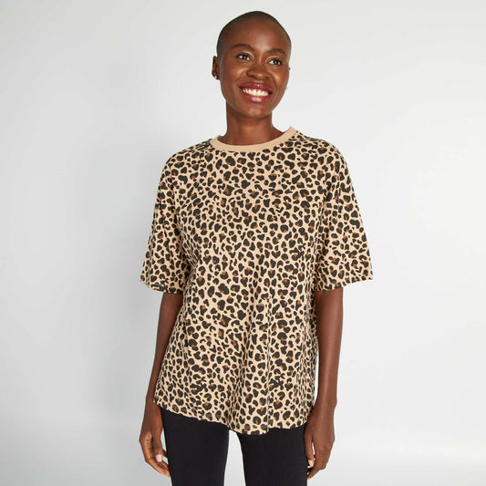Leopard print cotton T-shirt BEIGE