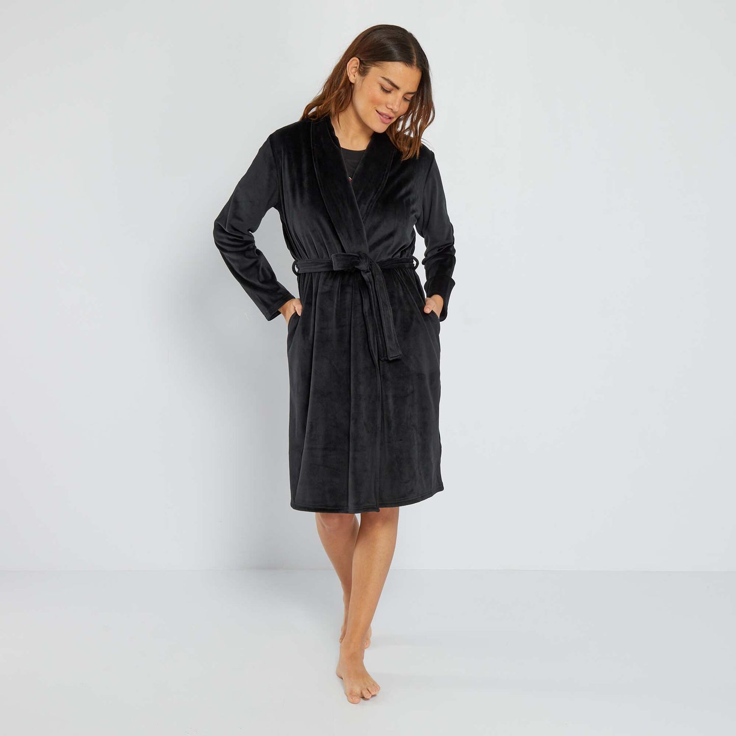 Soft velour knit dressing gown Black