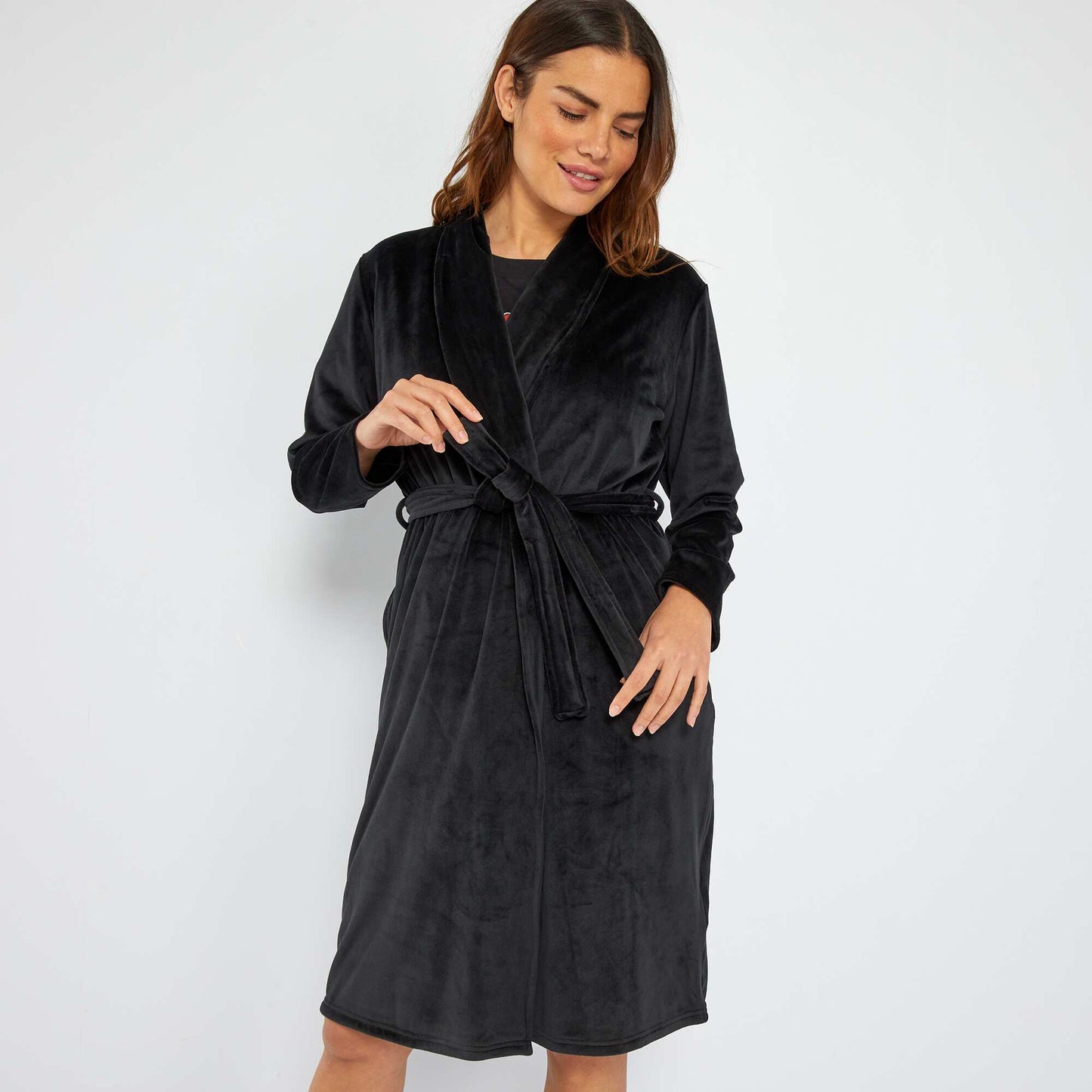Soft velour knit dressing gown Black