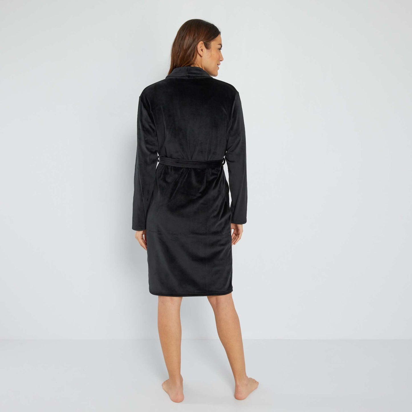 Soft velour knit dressing gown Black