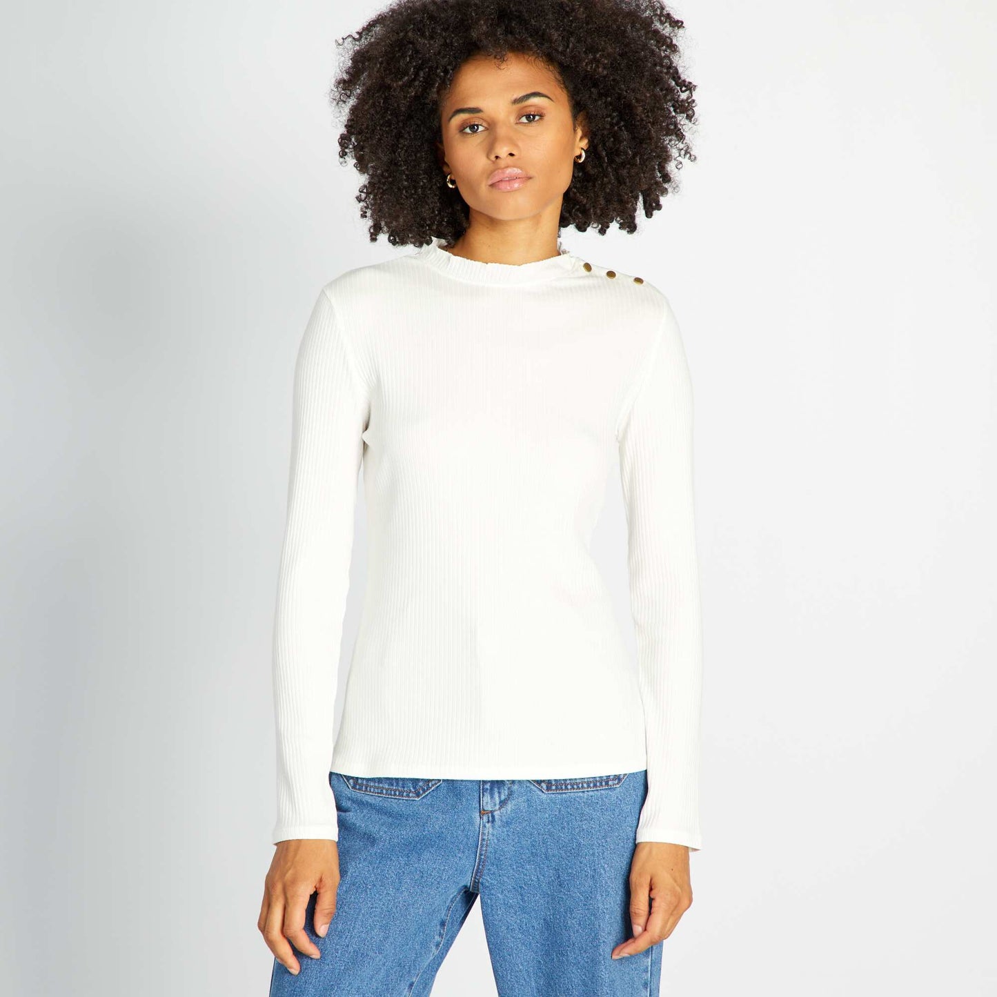 Long-sleeved ribbed knit T-shirt WHITE