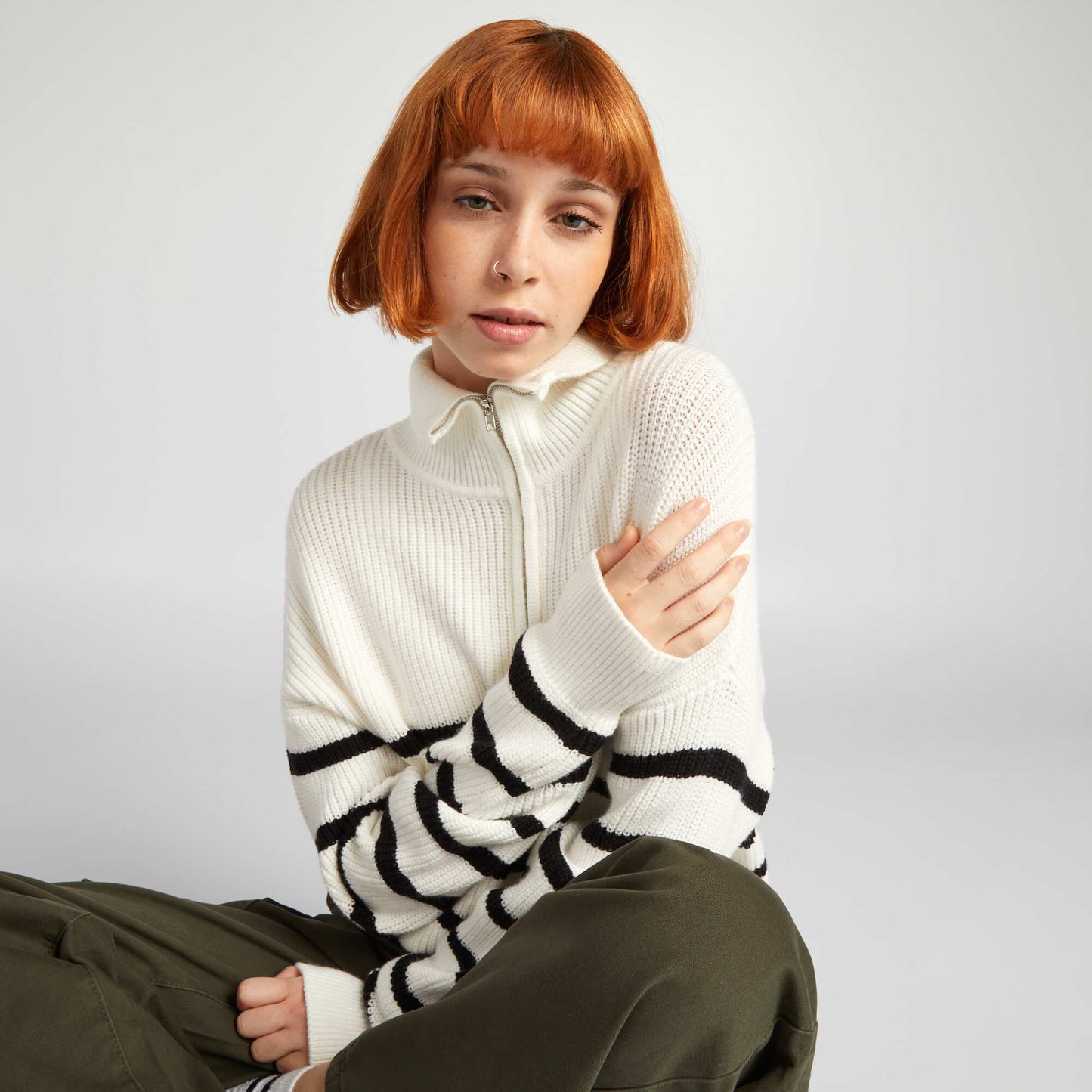 Zip-up high-neck sweater BWSTRIPES