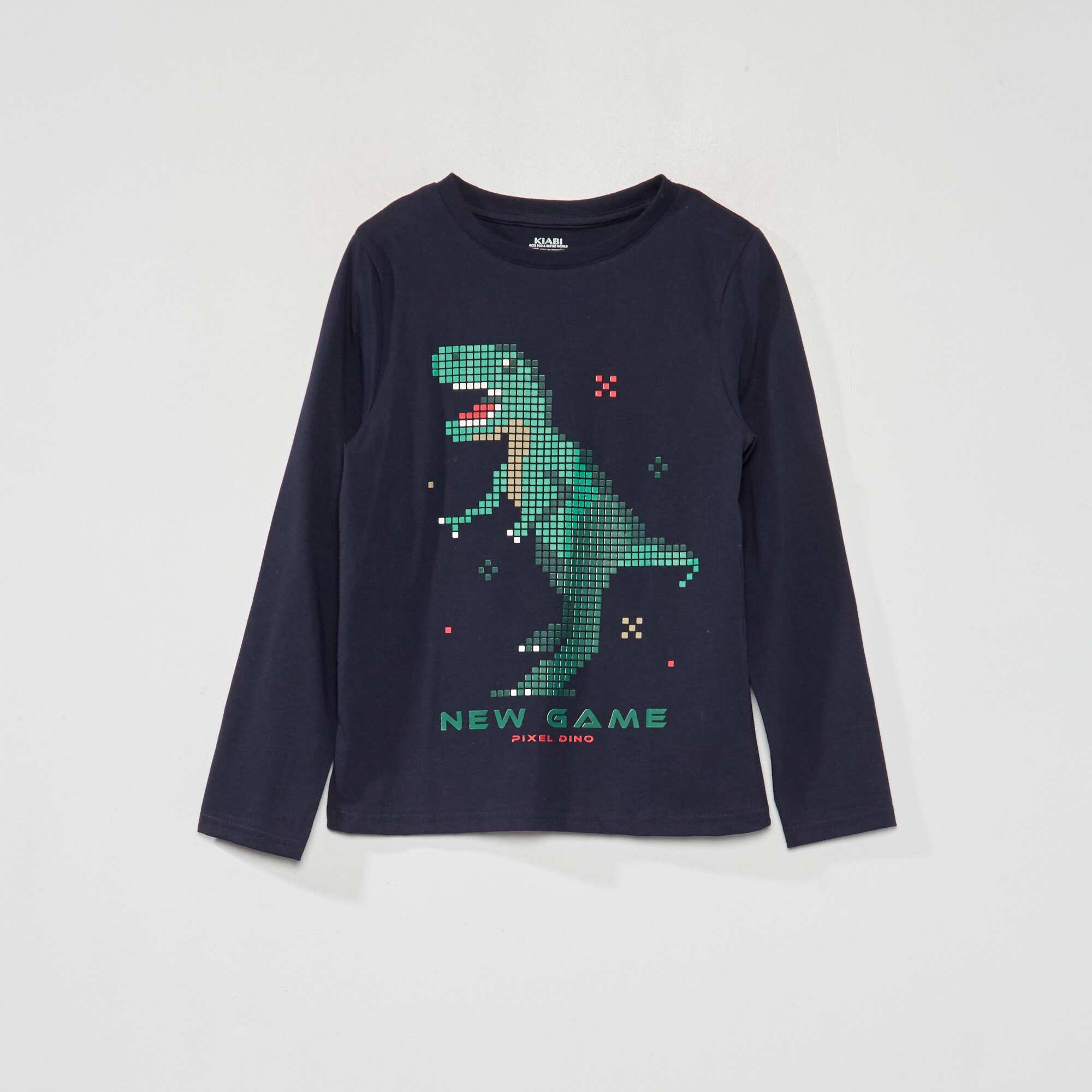 Long sleeved pixelated dinosaur T shirt DARK PIXEL