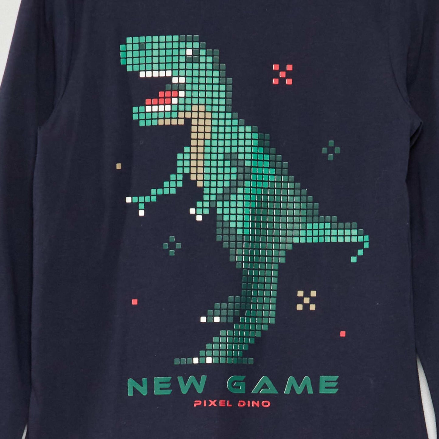 Long-sleeved pixelated dinosaur T-shirt DARK_PIXEL