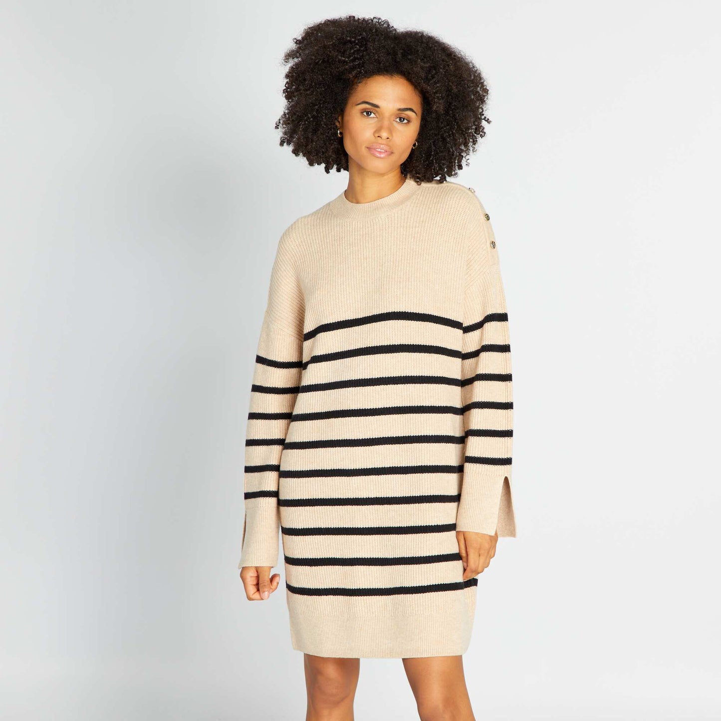 Striped long-sleeved jumper dress BEIGRAYBLA