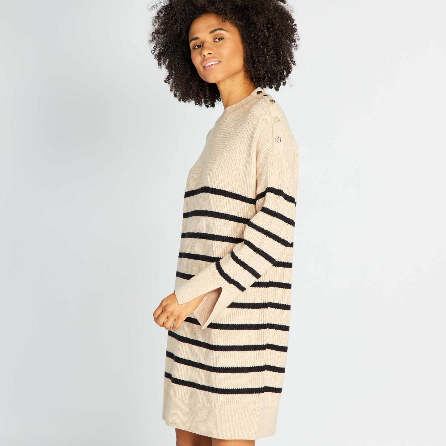 Striped long-sleeved jumper dress BEIGRAYBLA