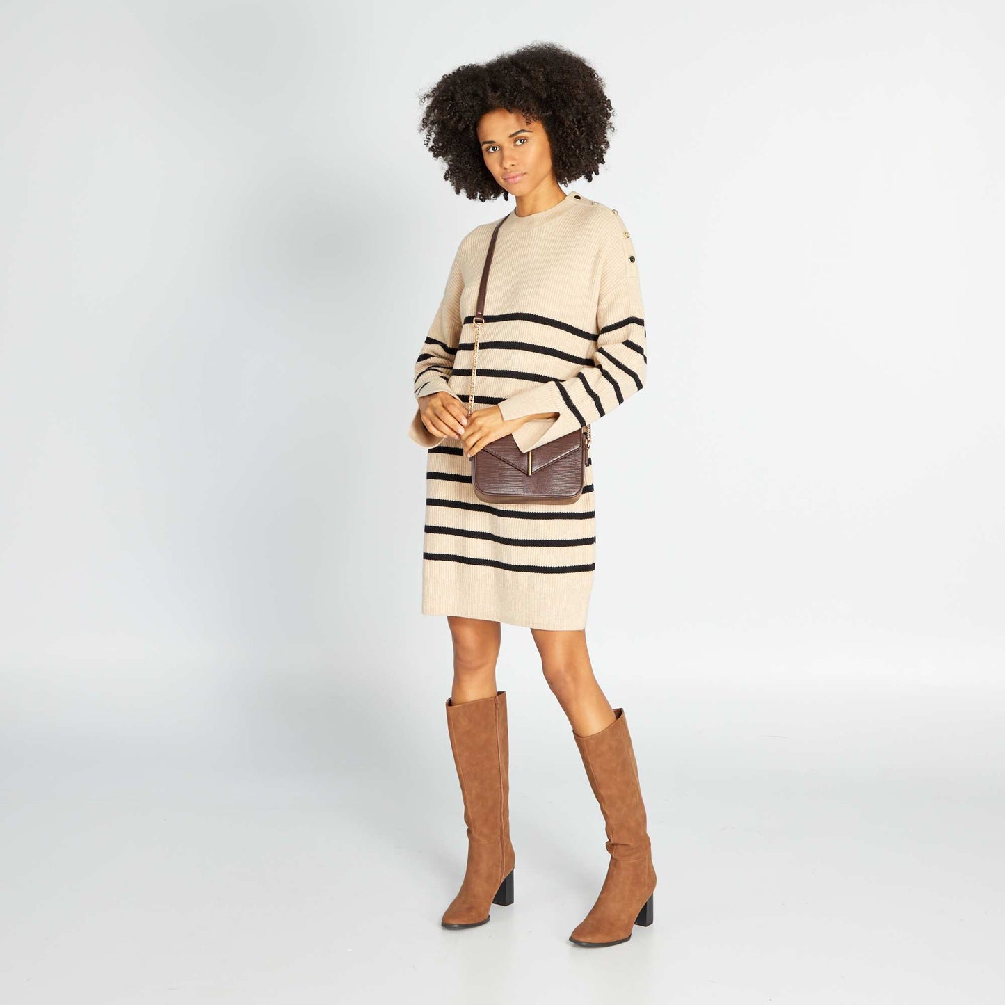 Striped long-sleeved jumper dress BEIGRAYBLA