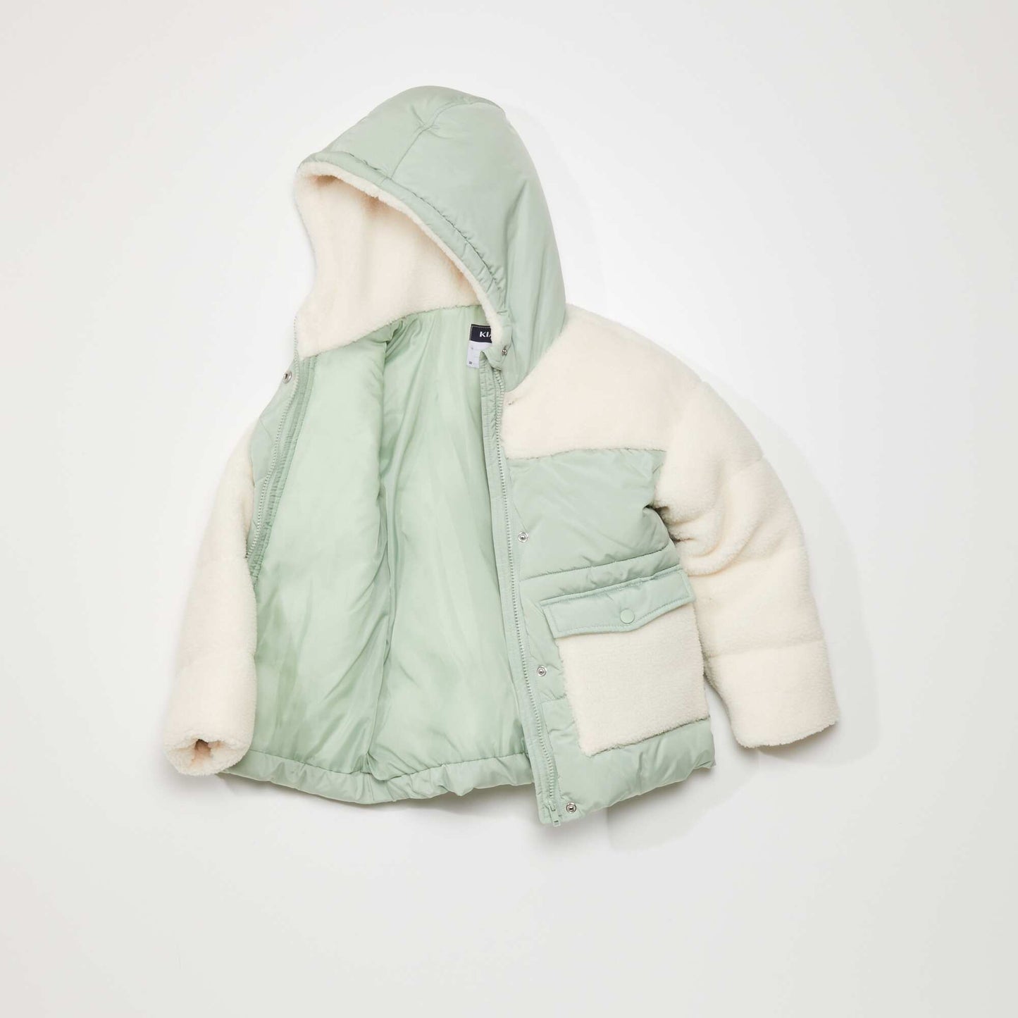 Mixed-material padded jacket with hood GREEN