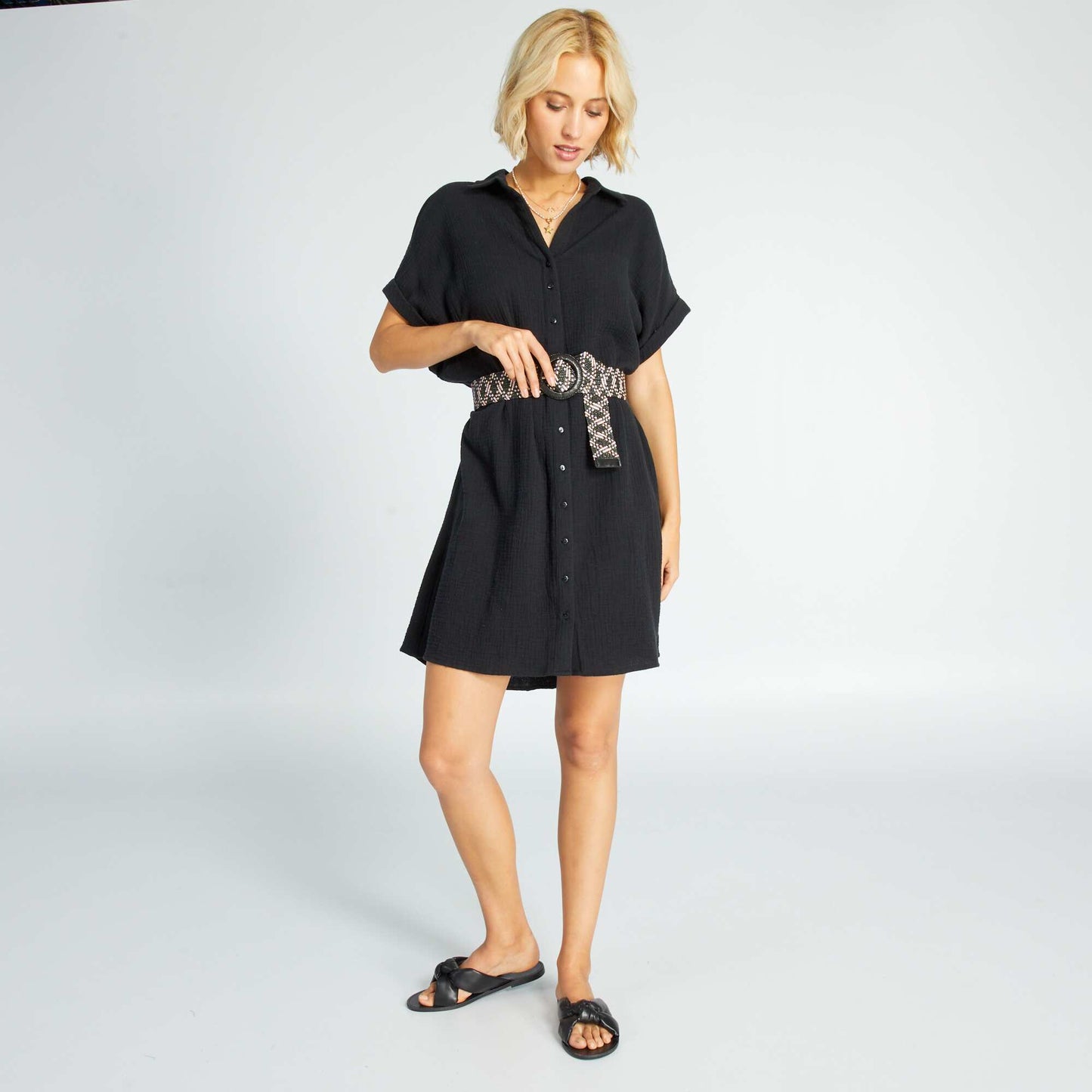 Double cotton gauze shirt dress Black