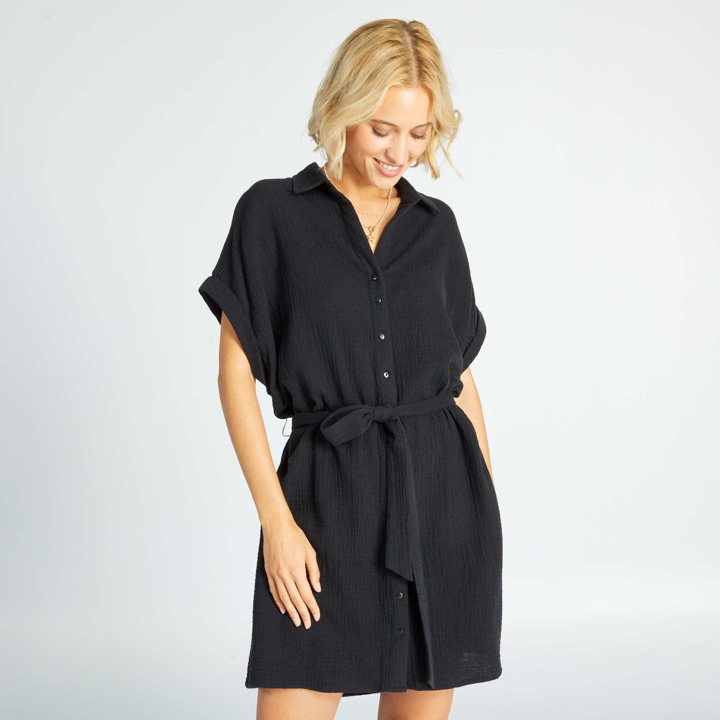 Double cotton gauze shirt dress Black