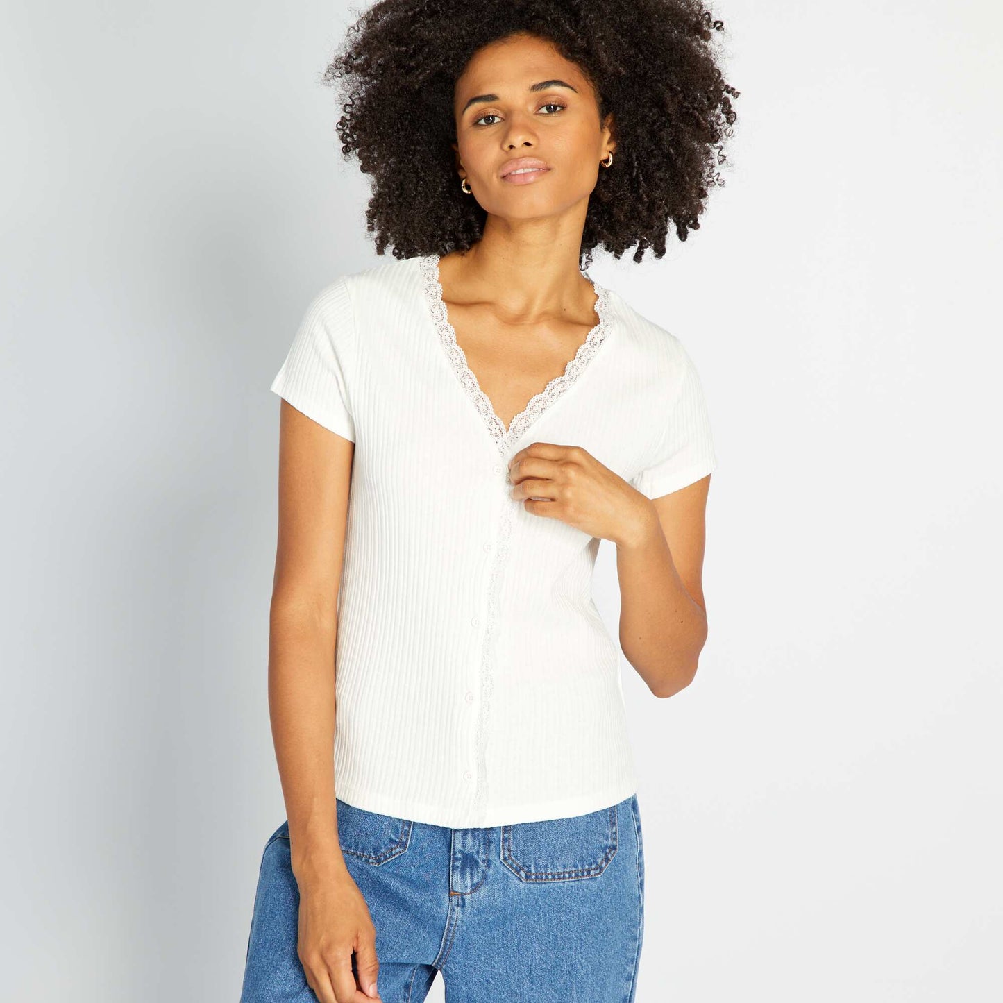 Ribbed T-shirt with lace White