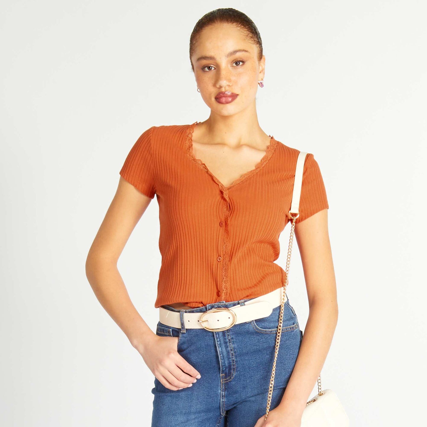 Ribbed T-shirt with lace orange