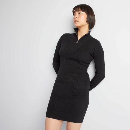 Short ribbed knit dress with high zipped neck black