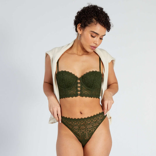 Lace thong with openwork detail on the back KOMU GREEN