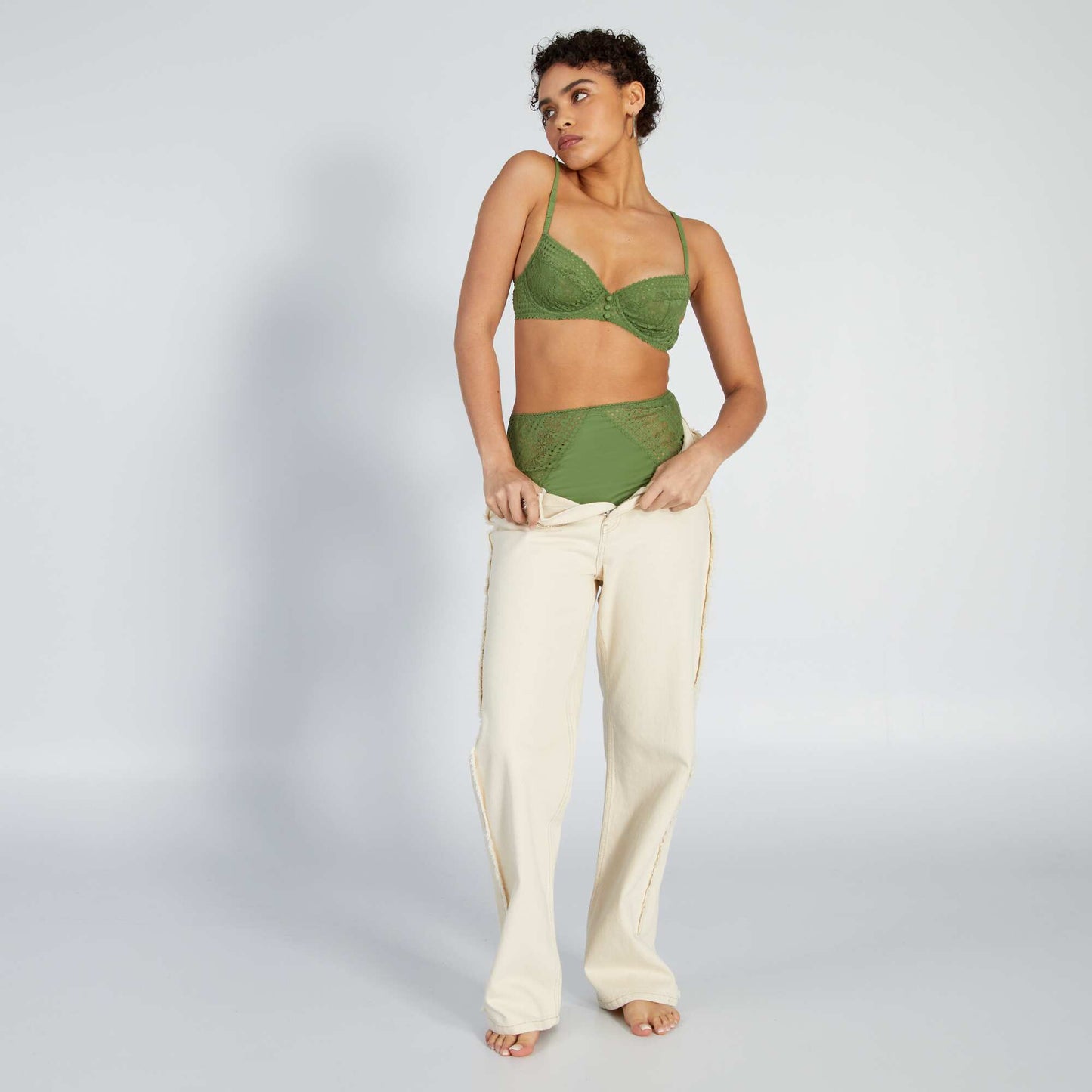 High-waisted lace tanga briefs DILL GREEN