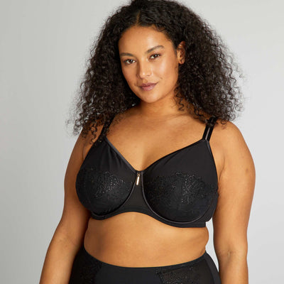 Full-coverage mesh demi-cup bra black