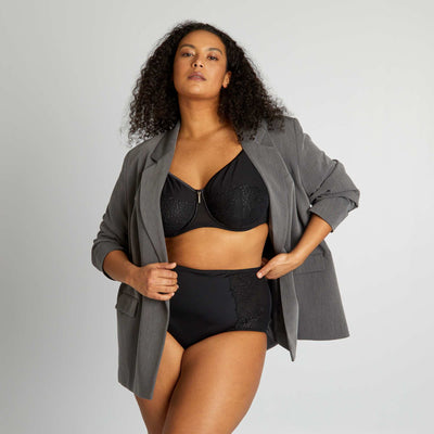 Full-coverage mesh demi-cup bra black