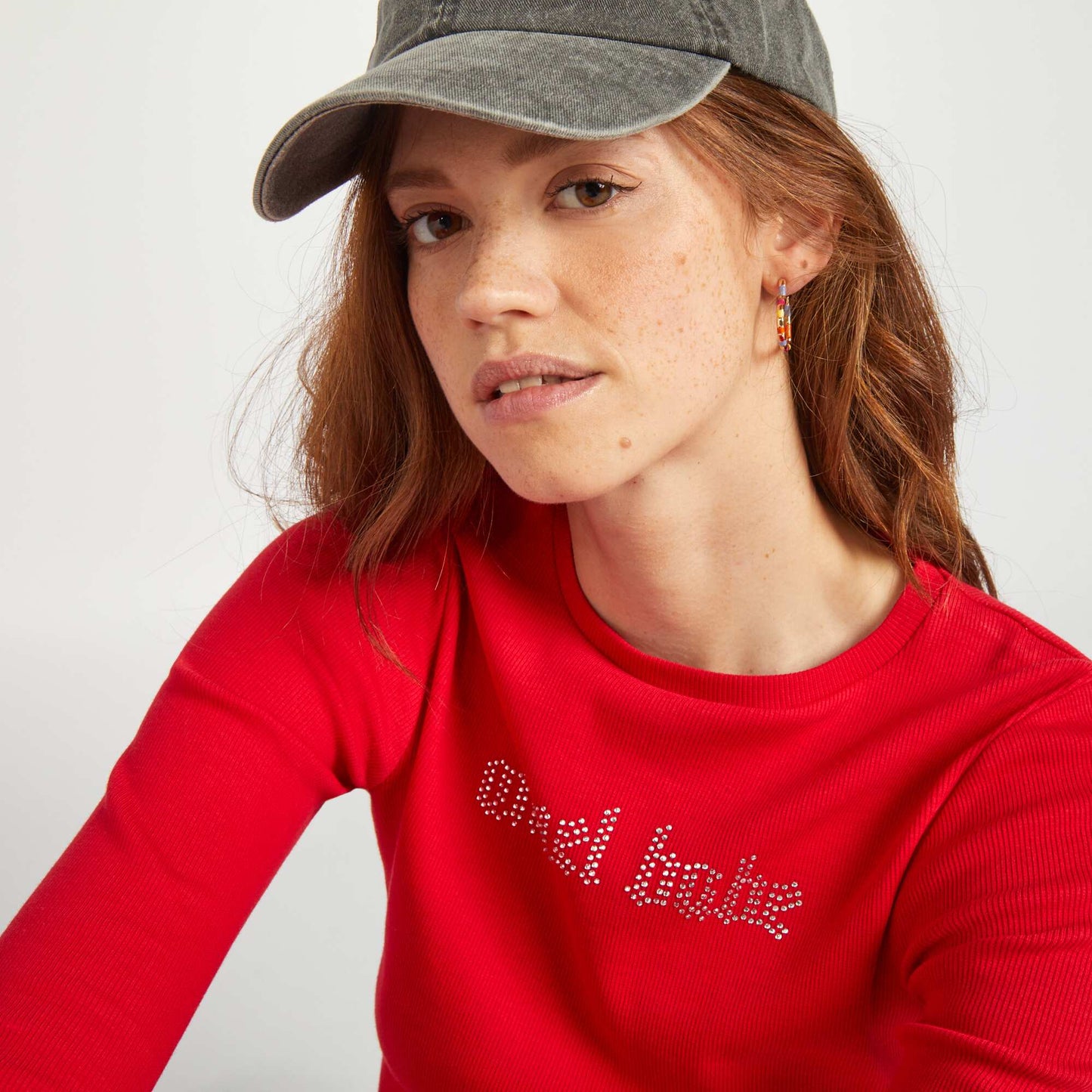 Crop top T-shirt with rhinestone lettering RED TANGO