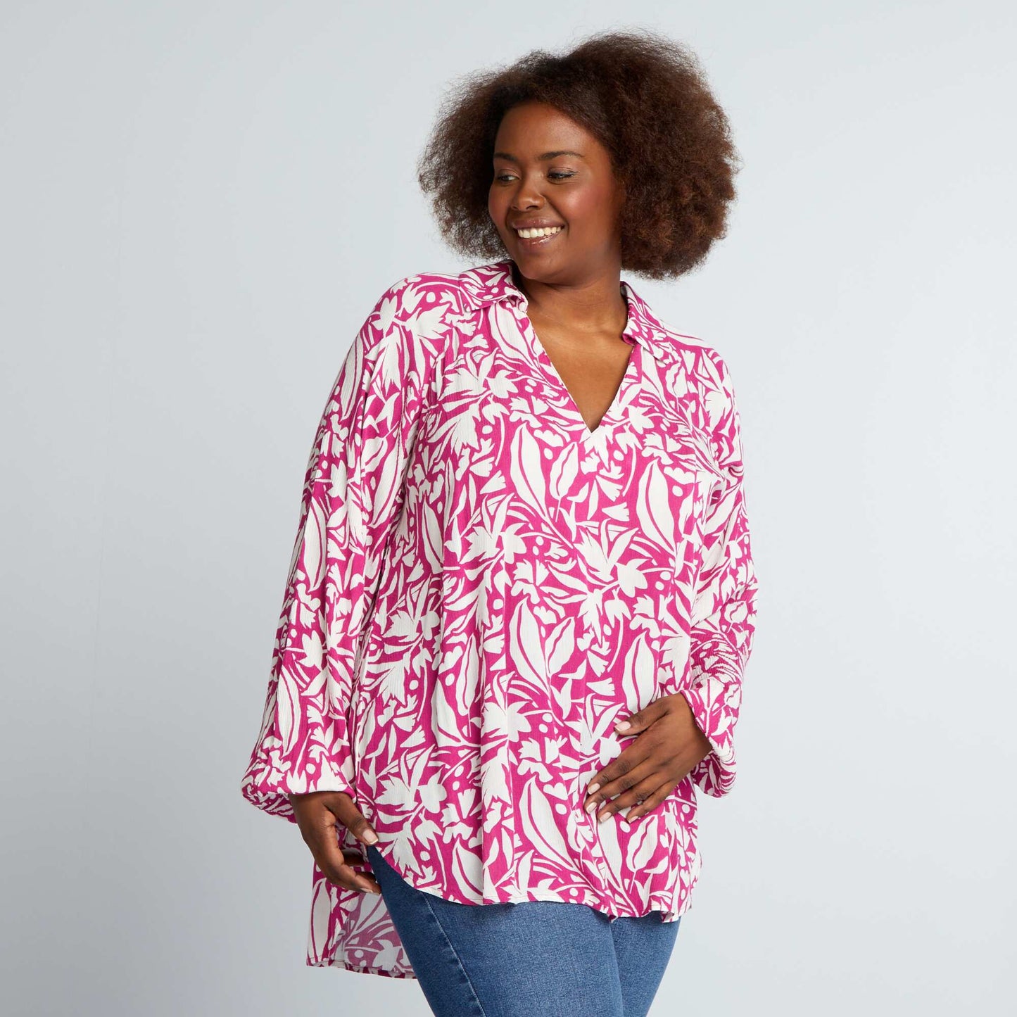 Flowing printed blouse with puff sleeves PINK