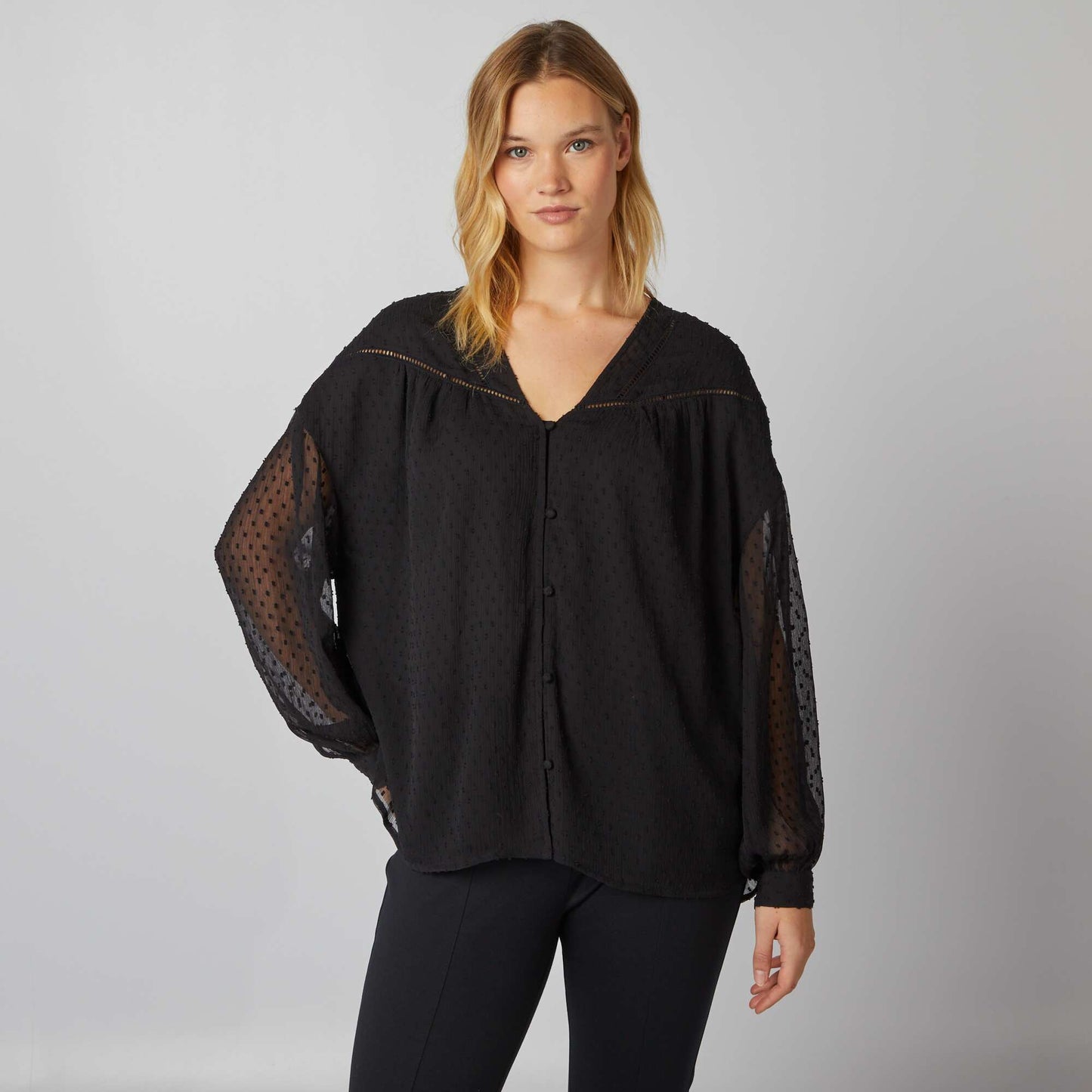V-neck dotted Swiss fabric blouse black