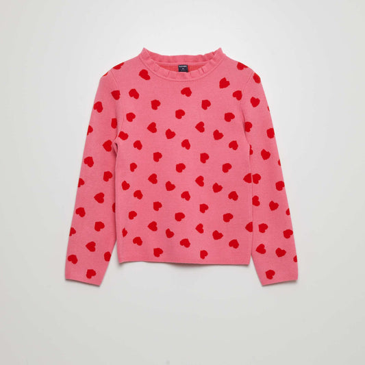 Patterned sweater with frilly collar PINK