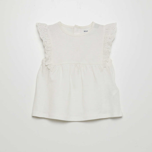 T-shirt with broderie anglaise sleeves WHITE