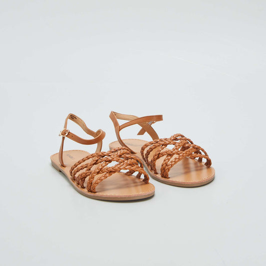 Flat sandals with braided straps BROWN