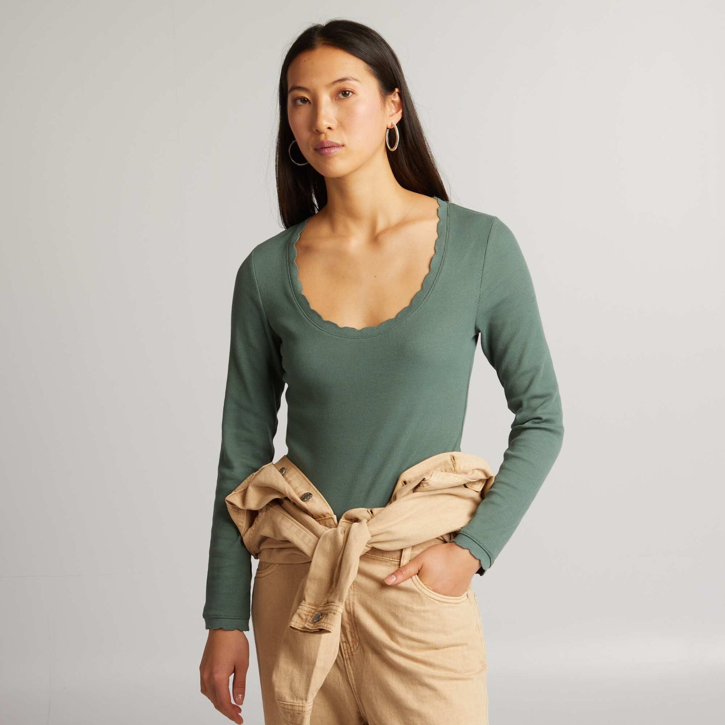 Ribbed bodysuit with round neckline GREEN