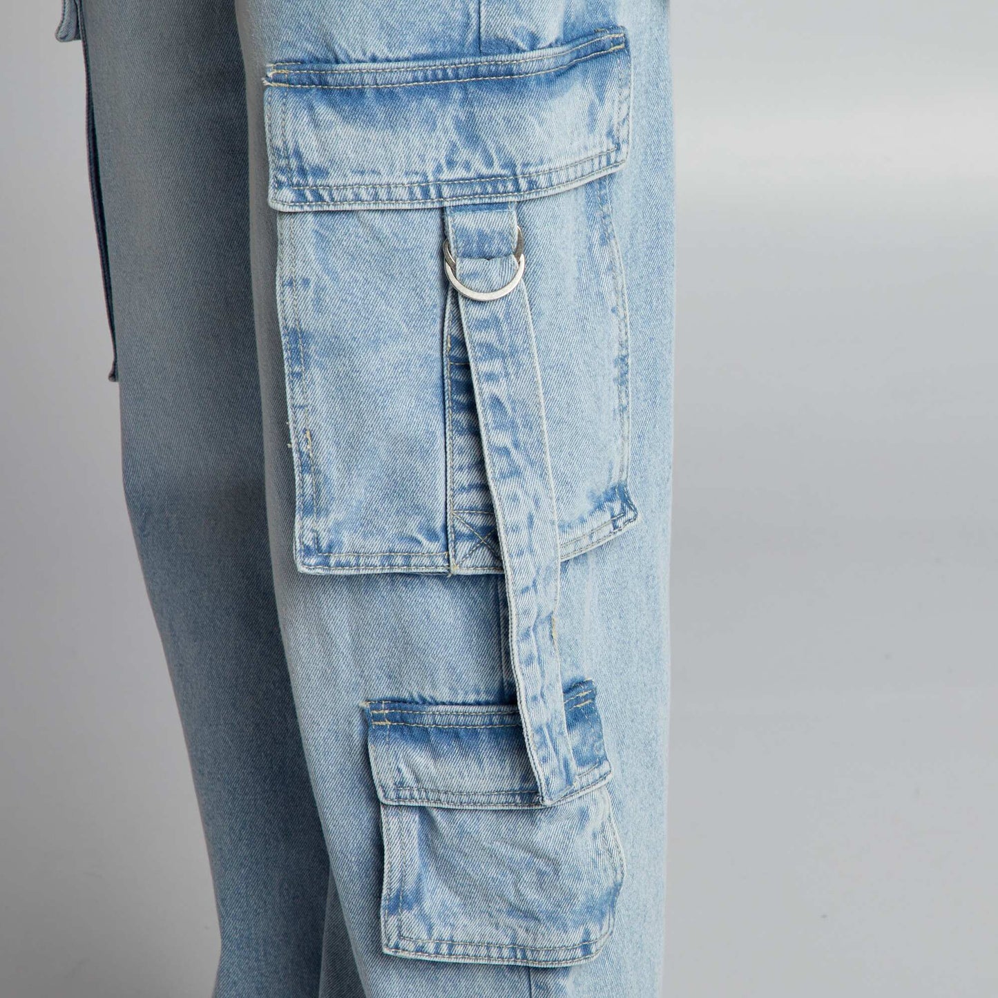 Multi-pocket denim trousers with tie fastenings BLUE
