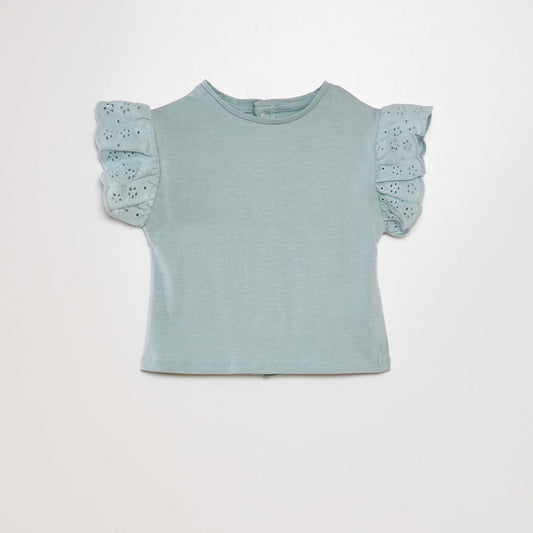 T-shirt with broderie anglaise sleeves BLUE