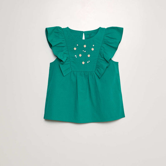 Ruffled blouse with fruit embroidery GREEN