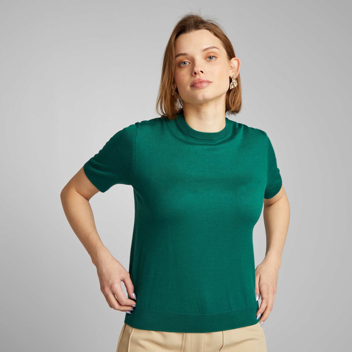 Short-sleeved knit sweater GREEN