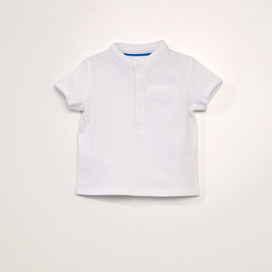 Piqué knit polo shirt with mandarin collar white