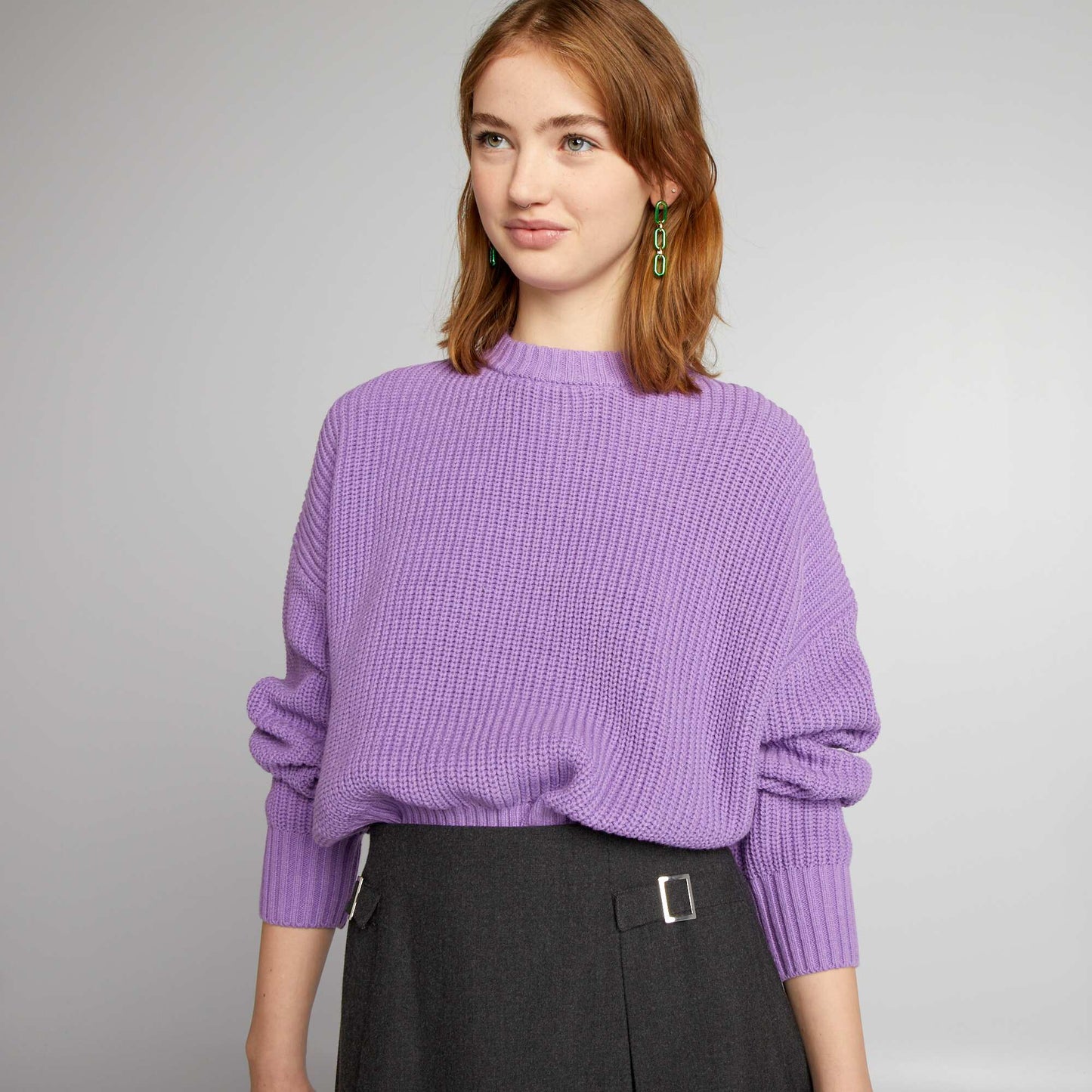 Knitted-effect round neck sweater PURPLE