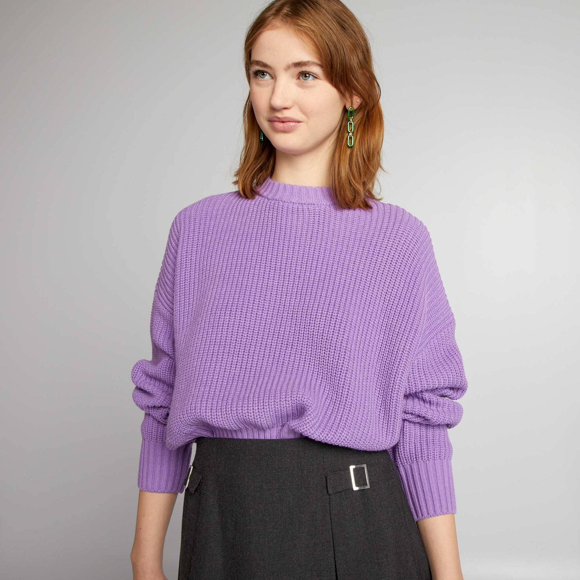 Knitted-effect round neck sweater PURPLE