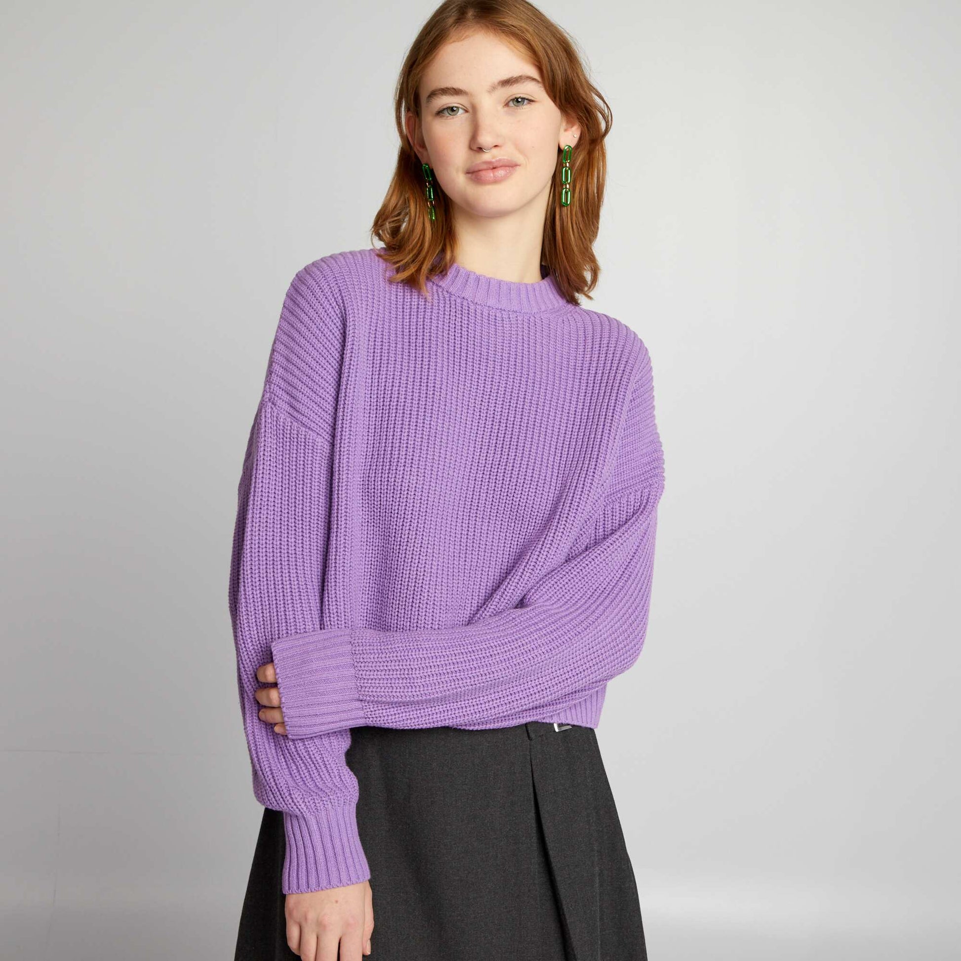 Knitted-effect round neck sweater PURPLE