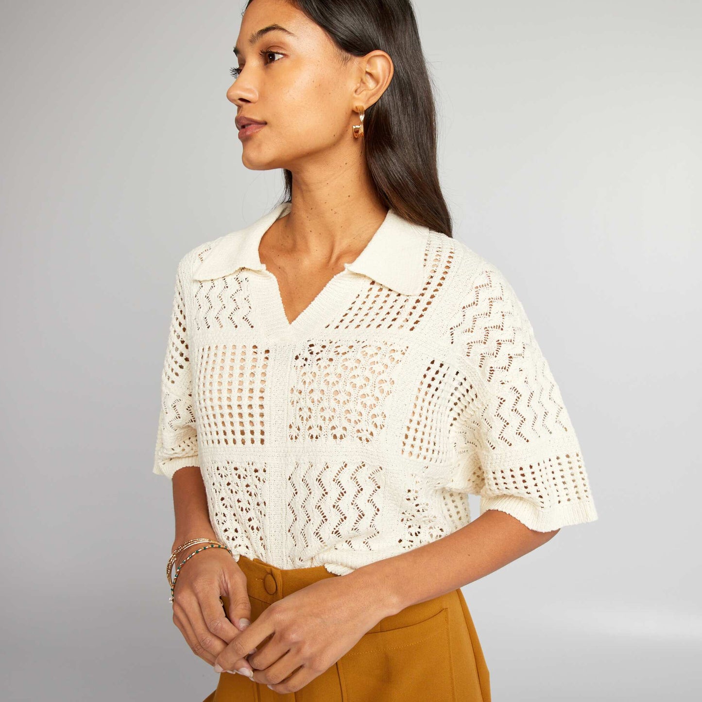 Crochet jumper with polo collar BEIGE