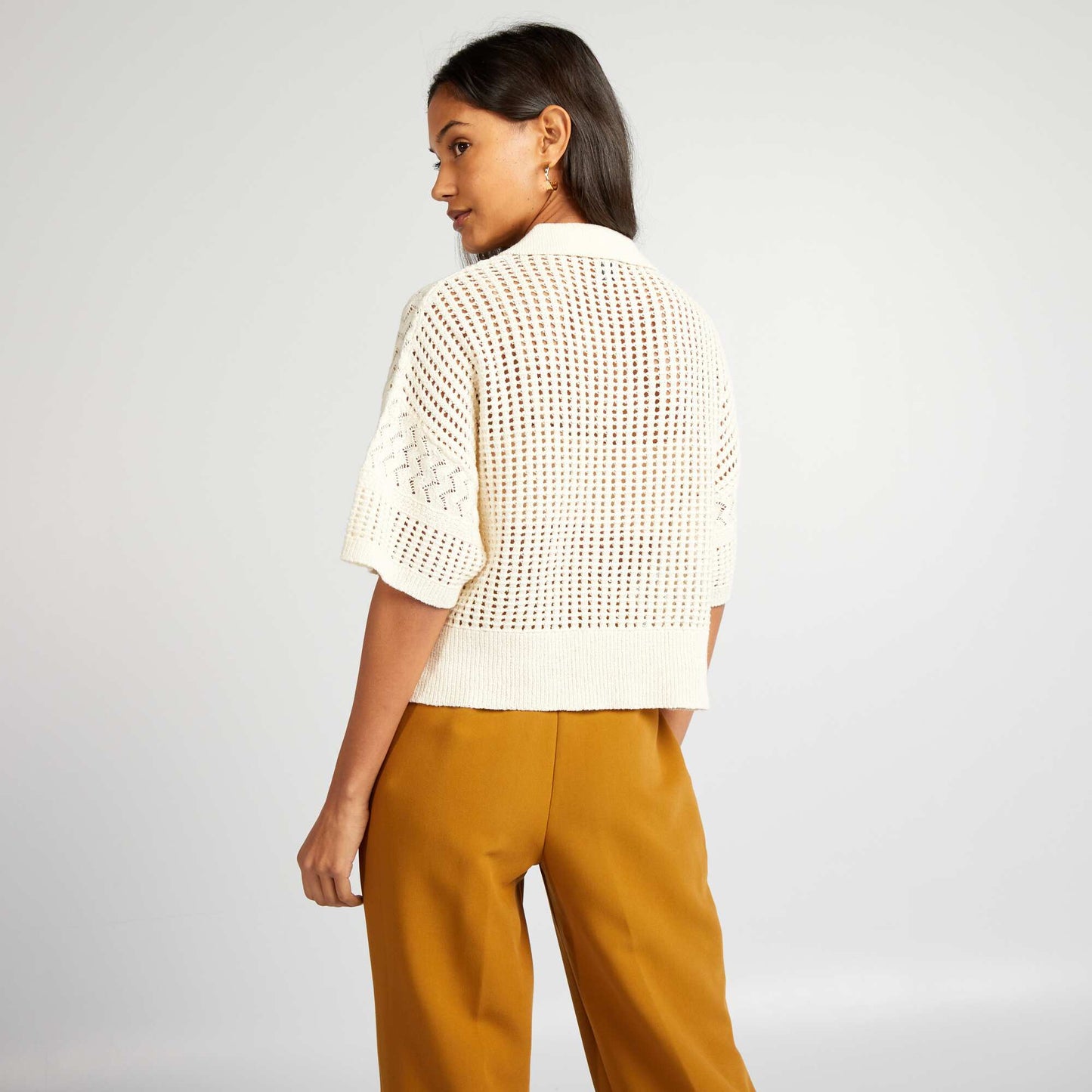 Crochet jumper with polo collar BEIGE