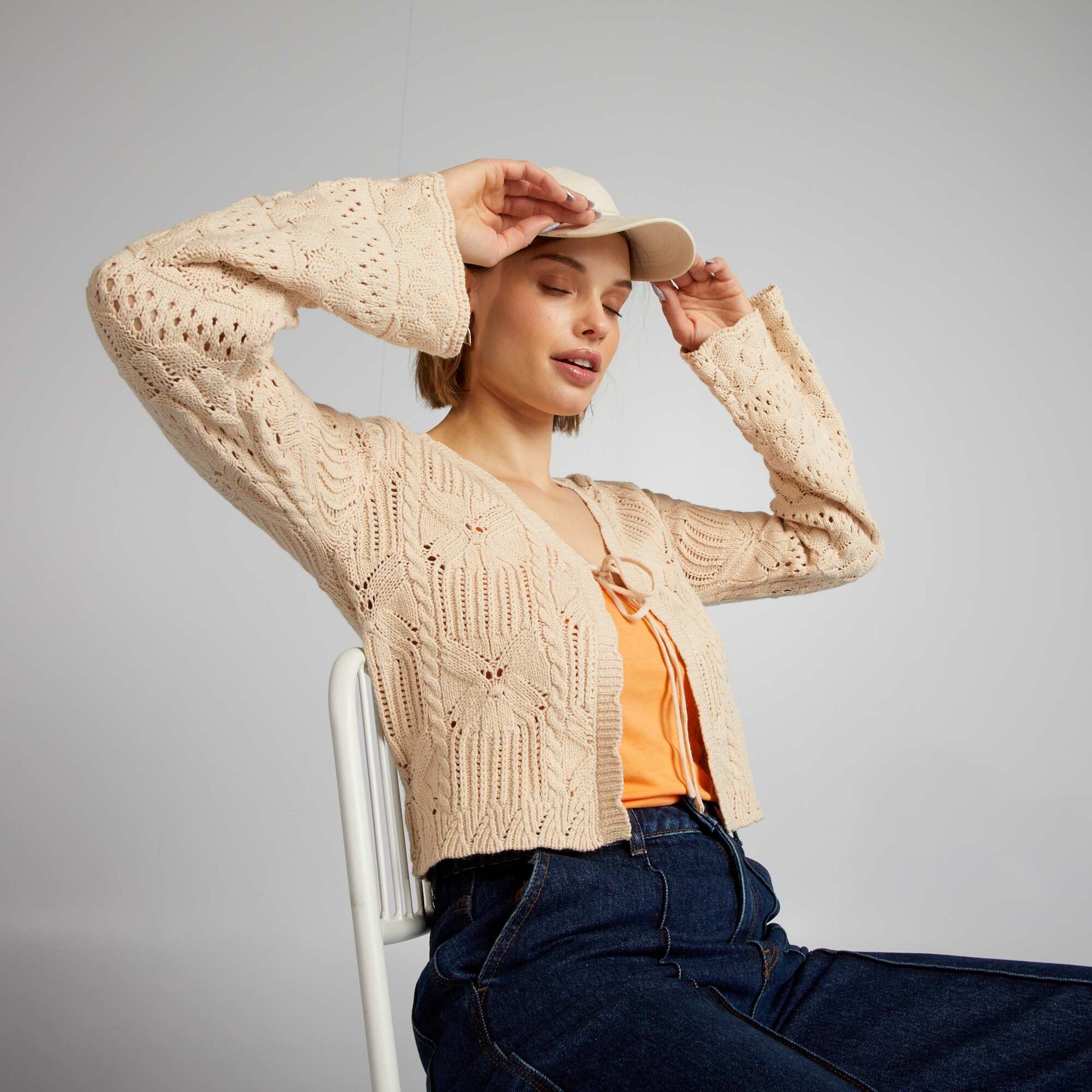 Crochet tie cardigan BEIGE