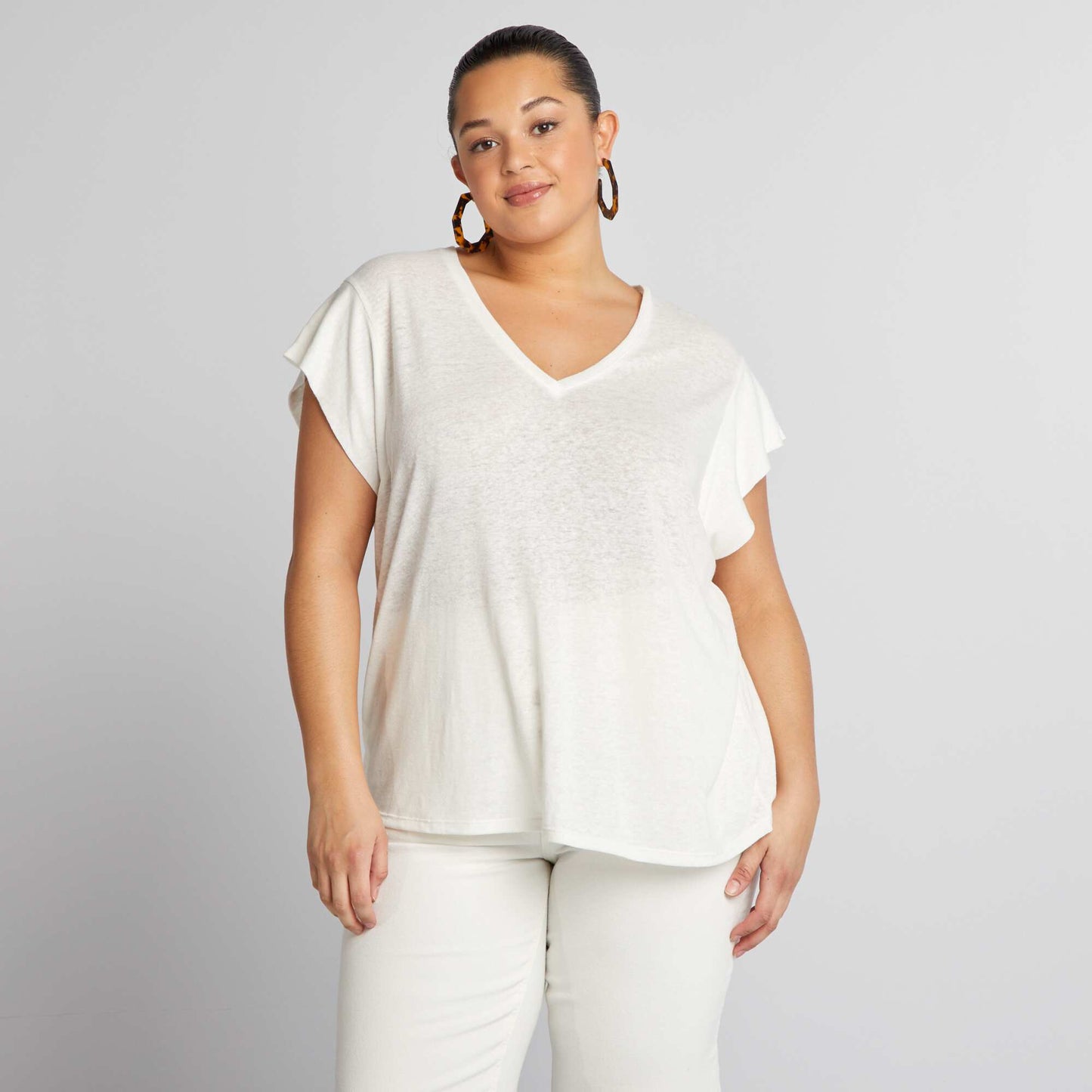 Linen T-shirt with batwing sleeves WHITE