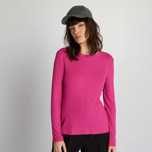 Stretch ribbed knit T-shirt dark pink