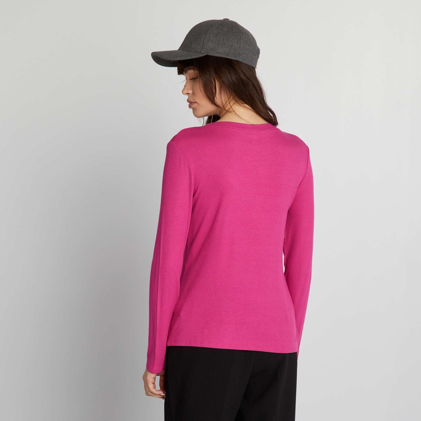 Stretch ribbed knit T-shirt dark pink
