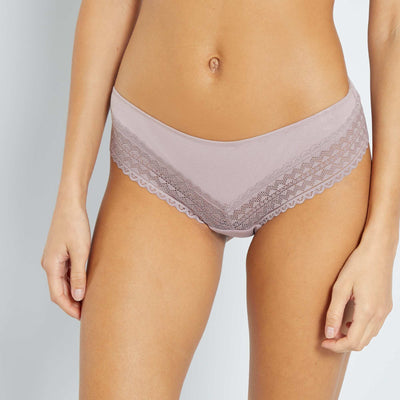 Pack of 3 cotton and lace tanga briefs grey pink