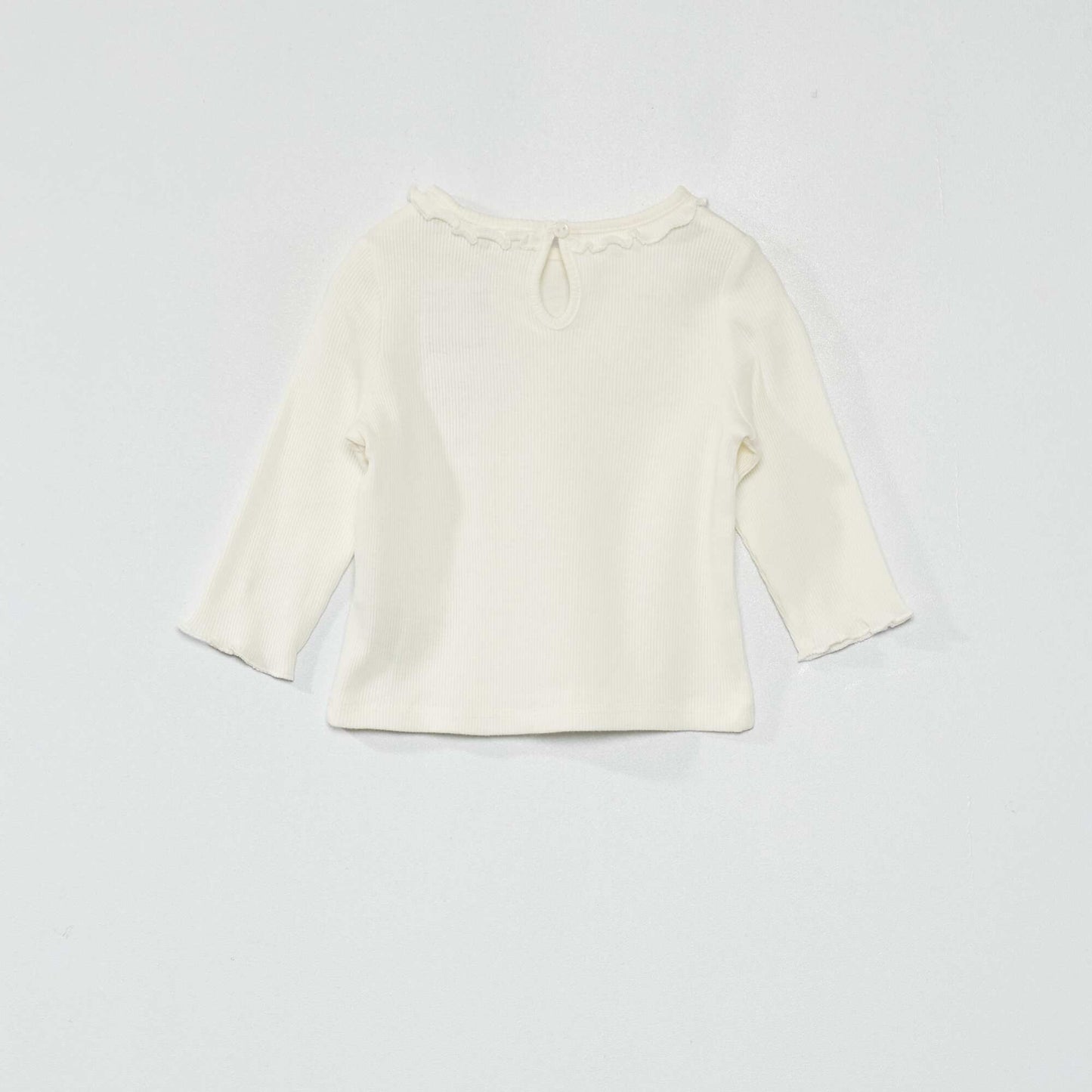 Ribbed knit T-shirt with ruffled collar White