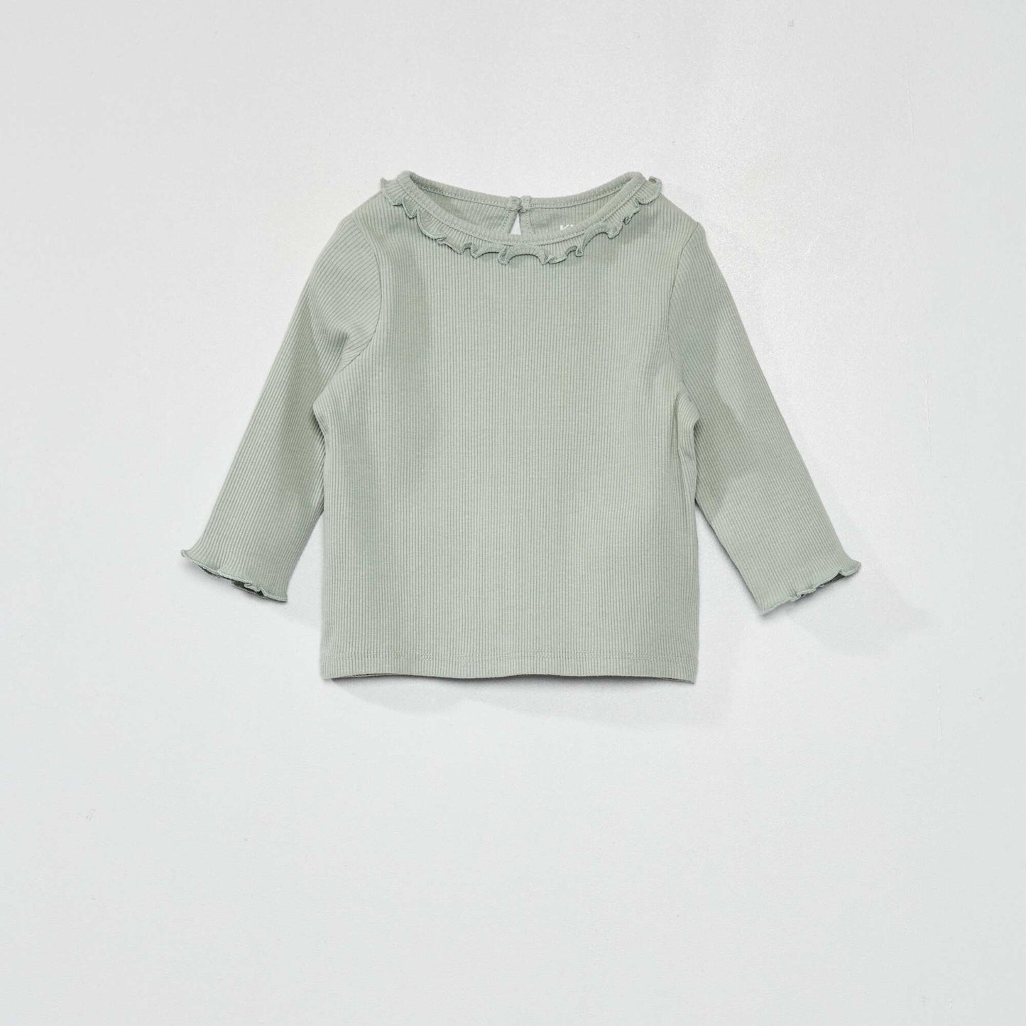 Ribbed knit T-shirt with ruffled collar ash green