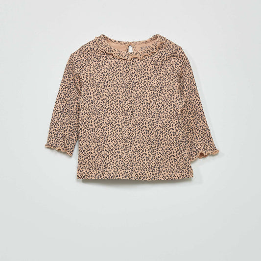Ribbed knit T-shirt with ruffled collar BEIGE LEOPA