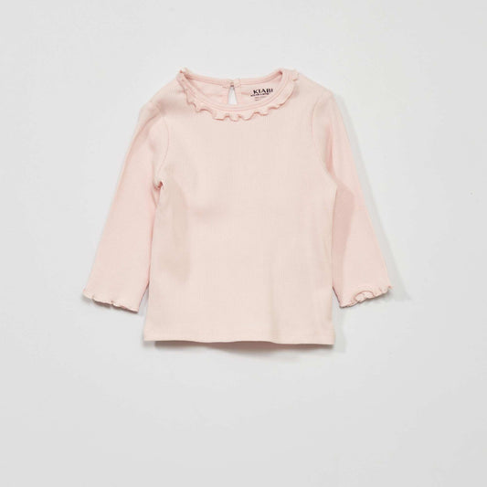 Ribbed knit T-shirt with ruffled collar ROSEWATER