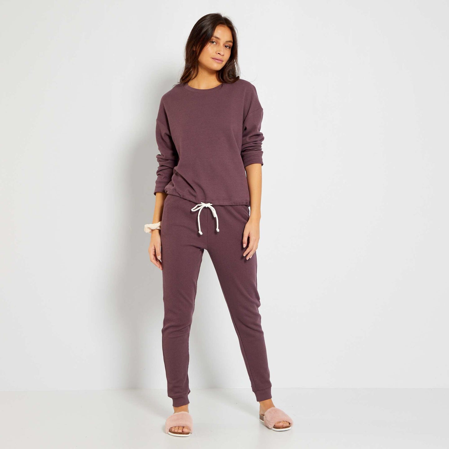 Long honeycomb knit pyjamas - Two-piece set dark prune