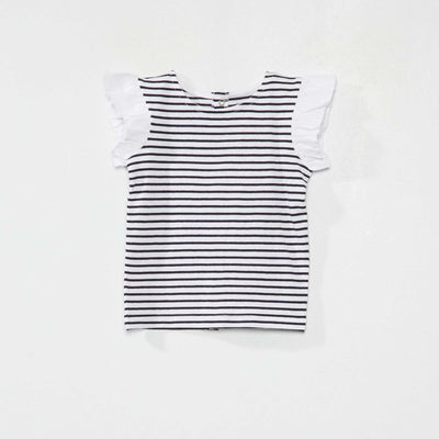 تي شيرت بأكمام مكشكشة خطوط زرقاء