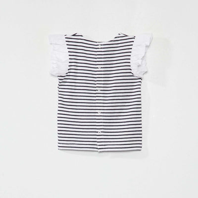 تي شيرت بأكمام مكشكشة خطوط زرقاء